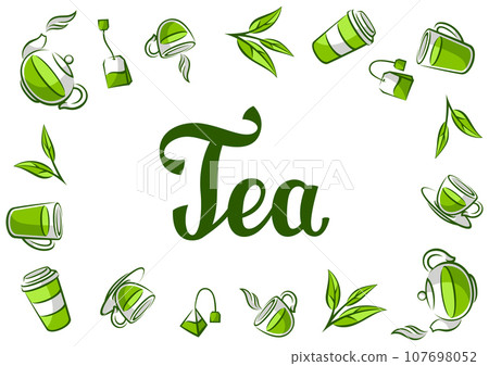 Background with green tea. Illustration with tea and accessories, packs and kettles. Background with green tea. Illustration with tea and accessories, packs and kettles. 107698052