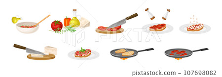 Bruschetta Appetizer Cooking and Preparation Process Vector Set Bruschetta Appetizer Cooking and Preparation Process Vector Set 107698082
