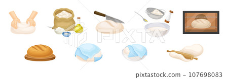 Kneading Dough for Bread Cooking and Preparation Vector Set Kneading Dough for Bread Cooking and Preparation Vector Set 107698083