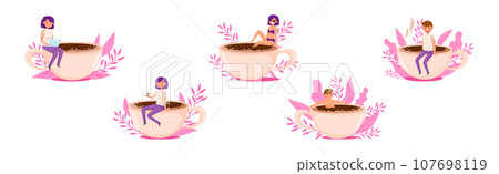 People Coffee Lovers with Huge Cup Enjoying Hot Drink Vector Set 107698119
