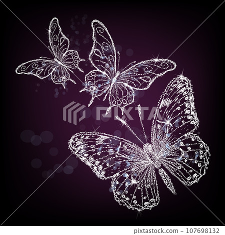 Sparkling butterflies on a purple background. Vector illustration 107698132
