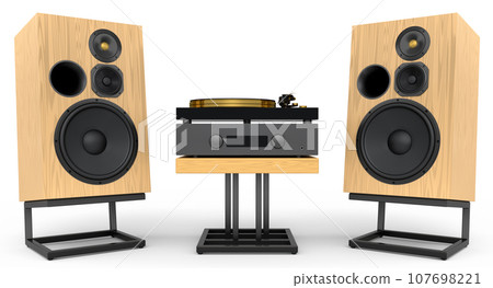 Set of Hi-fi speakers and DJ turntable for sound recording studio on white. 107698221