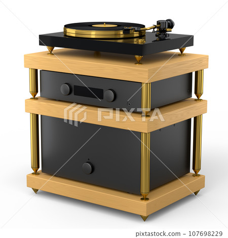 HiFi system with DJ turntable and amplifier on stand for home theater on white. 107698229