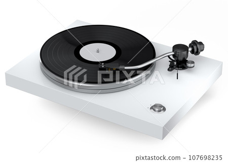 Vinyl record player or DJ turntable with retro vinyl disk on white background. 107698235