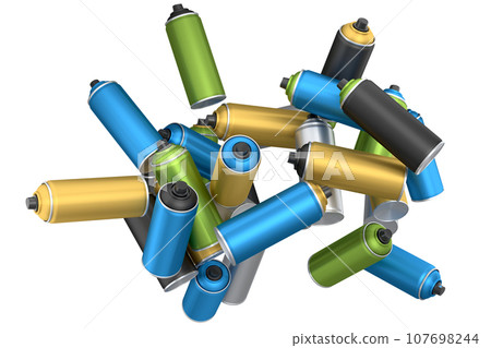 Lots of flying spray paint cans on white background. Spray bottle and dispenser 107698244