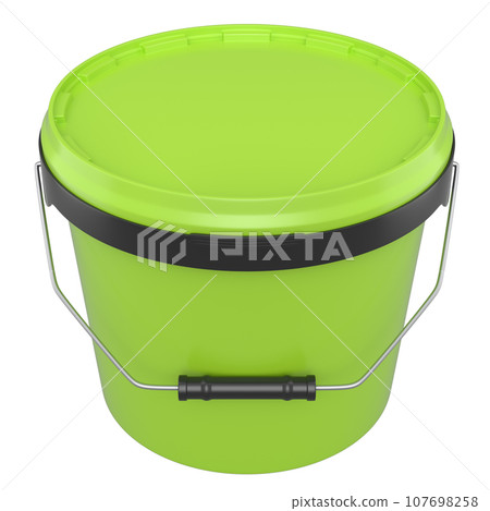 Closed plastic can or buckets of paint with handle on white background. 107698258
