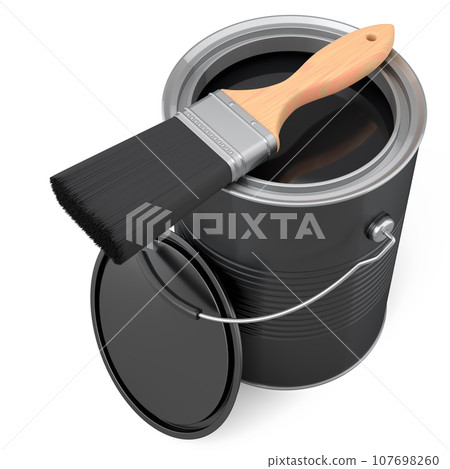 Open metal can or buckets with paint bristle brush on white background. Open metal can or buckets with paint bristle brush on white background. 107698260