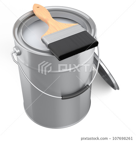 Open metal can or buckets with paint bristle brush on white background. Open metal can or buckets with paint bristle brush on white background. 107698261