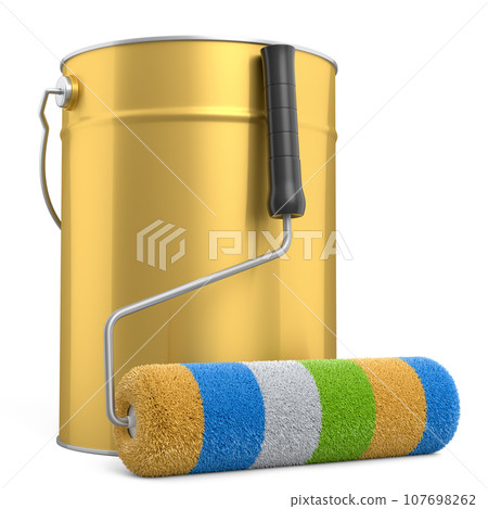 Open metal can with paint roller for painting walls on white background. 107698262