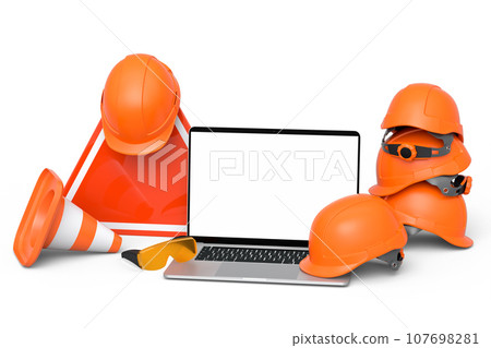 Set of safety helmets or hard hats and traffic cones, road sign on white 107698281