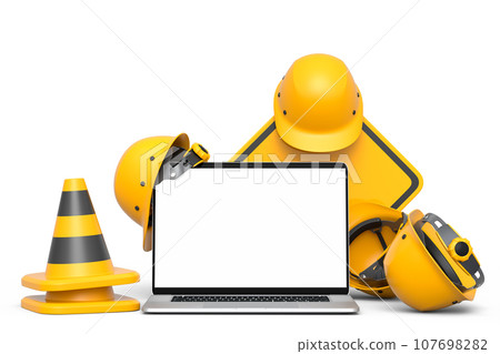 Set of safety helmets or hard hats and traffic cones, road sign on white 107698282