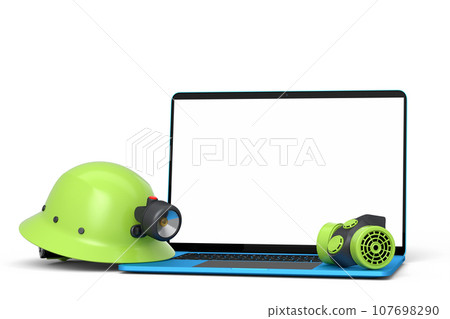 Set of safety helmets or hard caps, respirator and laptop on white background 107698290
