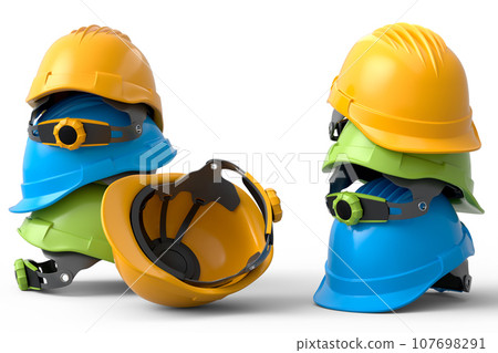 Heap of safety helmets or hard caps for carpentry work on white background Heap of safety helmets or hard caps for carpentry work on white background 107698291