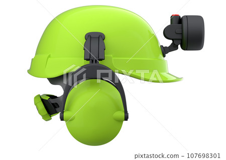 Green safety helmet or hard cap with flashlight and headphones on wihte 107698301