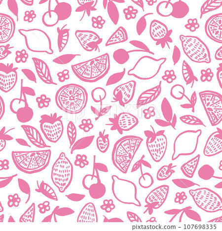 Seamless vector pattern with fruit and berry. Fruits wallpaper with strawberry, lemon, cherry. Seamless vector pattern with fruit and berry. Fruits wallpaper with strawberry, lemon, cherry. 107698335