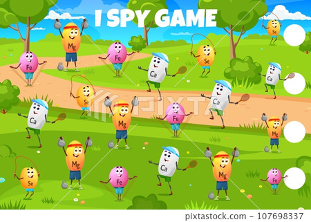 I spy game with cartoon vitamin sportsman characters, kids vector quiz worksheet. Vitamins and minerals on sport, calcium with gym barbell, magnesium playing tennis in game to find and match similar 107698337