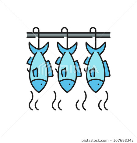 Fishing industry smoked or dried fish line icon. Seafood production industry, offshore fishing business or manufacture industry line vector icon. Fish food processing outline symbol or sign 107698342