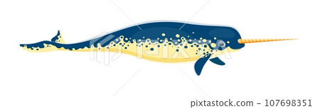 Narwhal animal character. Isolated cartoon vector unicorn of the sea. Fascinating marine mammal with long, spiral tusk. Found in arctic waters, it possesses a sleek body and bluish-gray coloration Narwhal animal character. Isolated cartoon vector unicorn of the sea. Fascinating marine mammal with long, spiral tusk. Found in arctic waters, it possesses a sleek body and bluish-gray coloration 107698351