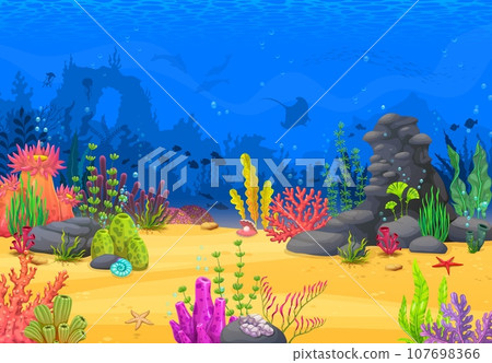 Cartoon underwater landscape, arcade game level vector background with tropical coral reef and ocean animals. Sea water waves, fish and dolphins, seaweed, jellyfish, starfish and seashell, game asset Cartoon underwater landscape, arcade game level vector background with tropical coral reef and ocean animals. Sea water waves, fish and dolphins, seaweed, jellyfish, starfish and seashell, game asset 107698366