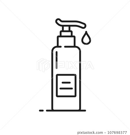 Lotion bottle icon, skincare of face and hand skin, cosmetic pump tube, vector linear pictogram. Lotion bottle or cream moisturizer, shower gel or shampoo, liquid soap or sanitizer linear icon 107698377