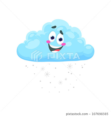 Cartoon winter snow weather character. Isolated vector cute and fluffy cloud with falling snowflakes and friendly smiling face expression. children book, game or meteorology forecast related personage 107698385