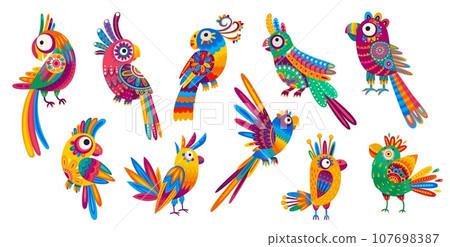 Cartoon Mexican and Brazilian parrot characters, kids funny birds with vector colorful ornament pattern. Mexico or Brazil parrot birds with folk ethnic ornament or Latin alebrije art on tropical birds 107698387