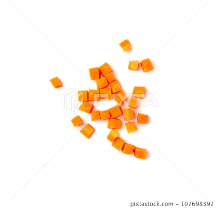 Fresh Diced Carrot, Raw Carrot Cubes Closeup, Chopped Orange Root Vegetable, Diced Carrots Pile 107698392