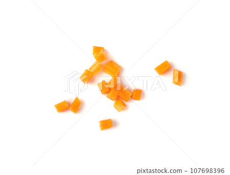 Fresh Diced Carrot, Raw Carrot Cubes Closeup, Chopped Orange Root Vegetable, Diced Carrots Pile 107698396