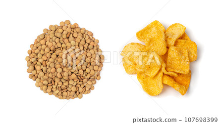 Lentil Chips Isolated, Lentils Crisps, Healthy Orange Snack, Fried Organic Crunchies, Lentil Chips on White 107698399