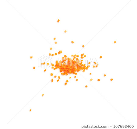 Fresh Diced Carrot, Raw Carrot Cubes Closeup, Chopped Orange Root Vegetable, Diced Carrots Pile 107698400