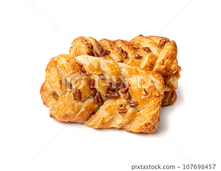 Maple Pecan Puff Pastry Isolated, Danish Plaits Pastries with Maple Syrup and Pecan Nuts, Breakfast Bakery 107698457