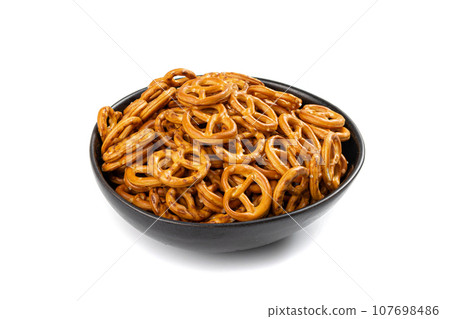 Pretzel Cookies Isolated, Small Salted Pretzels, Crispy German Brezel Snack Pretzel Cookies Isolated, Small Salted Pretzels, Crispy German Brezel Snack 107698486