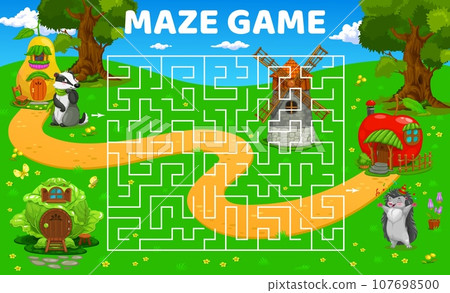 Labyrinth maze game with fairytale cartoon buildings and animals. Kids vector worksheet with happy badger and hedgehog characters in fantasy forest town with houses windmill, pear, cabbage and apple 107698500