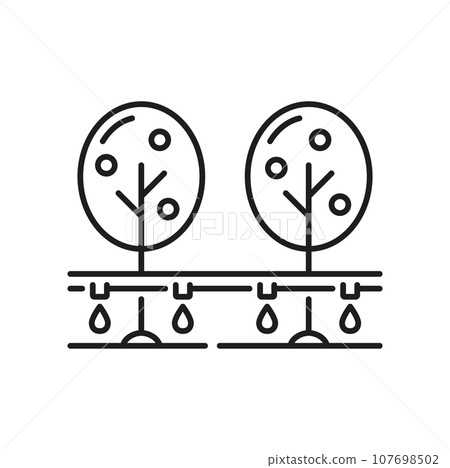 Farm garden drip irrigation system icon. Agriculture drip water watering equipment, gardening sprinkling or farm irrigation automatic system minimal vector icon. Field aquaponics technology pictogram Farm garden drip irrigation system icon. Agriculture drip water watering equipment, gardening sprinkling or farm irrigation automatic system minimal vector icon. Field aquaponics technology pictogram 107698502