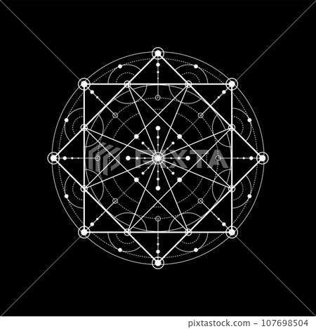 Sacred geometry, alchemy spiritual symbol or tattoo. Myth and magic pentagram. Religion spirituality, masonic mystic sign, occult geometric outline vector ornament and illuminati mystery line pattern Sacred geometry, alchemy spiritual symbol or tattoo. Myth and magic pentagram. Religion spirituality, masonic mystic sign, occult geometric outline vector ornament and illuminati mystery line pattern 107698504