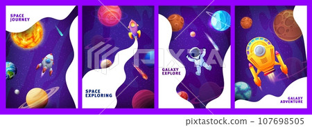 Galaxy posters. Cartoon space landscape and spaceship. Company promo banners, business startup vector background or business project posters template with fantastic starships, astronaut and planets Galaxy posters. Cartoon space landscape and spaceship. Company promo banners, business startup vector background or business project posters template with fantastic starships, astronaut and planets 107698505