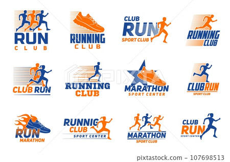 Marathon run sport icon with vector athletes runners. Color silhouettes of running man and woman, sneakers and star isolated symbols of jogging, running, marathon or sprint, foot race competition sign 107698513