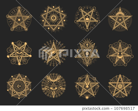 Esoteric occult pentagrams, mason or tarot symbols and vector pentacle and eye signs. Mason and illuminati pentagrams with Baphomet skull, star, sacred pyramid and Tarot occultism ritual symbols Esoteric occult pentagrams, mason or tarot symbols and vector pentacle and eye signs. Mason and illuminati pentagrams with Baphomet skull, star, sacred pyramid and Tarot occultism ritual symbols 107698517