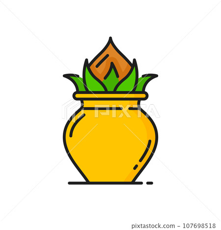 Kalash pot and mango leaf Jaggery, bannana lamp for Indian New Year festival Ugadi Gudi Padwa, Yugadi. Vector jainism religion icon Kalash pot and mango leaf Jaggery, bannana lamp for Indian New Year festival Ugadi Gudi Padwa, Yugadi. Vector jainism religion icon 107698518