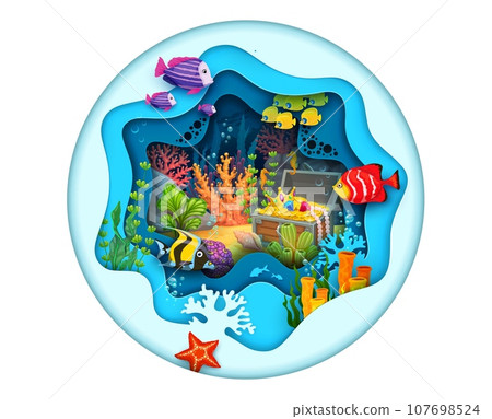 Pirate treasure chest and seaweed on cartoon sea paper cut underwater landscape, vector background. Undersea pirate treasure gold and gems in ocean coral reef deep water with fishes and starfish Pirate treasure chest and seaweed on cartoon sea paper cut underwater landscape, vector background. Undersea pirate treasure gold and gems in ocean coral reef deep water with fishes and starfish 107698524