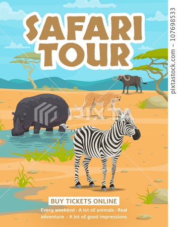 Safari tour flyer. Cartoon african animals. African travel advertising flyer, safari adventure promo vector poster or banner with hippopotamus, zebra, cheetah and buffalo african savannah animals 107698533