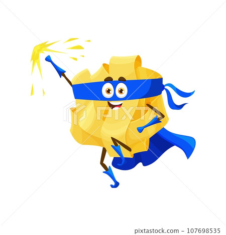 Cartoon pappardelle italian pasta food superhero character. Isolated vector super hero, fights crime with his noodle-like limbs and sauce-based superpowers, bringing delicious justice to the dinner 107698535