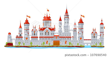 Medieval fortress castle building with walls and palace gate or tower turret and bridge, vector fort. Cartoon fantasy kingdom building and fairy tale fortress castle or royal town and citadel fort Medieval fortress castle building with walls and palace gate or tower turret and bridge, vector fort. Cartoon fantasy kingdom building and fairy tale fortress castle or royal town and citadel fort 107698540