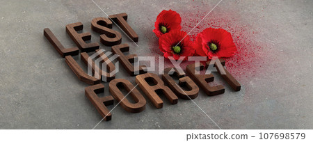 World War remembrance day. Red poppies on dark stone background. 107698579