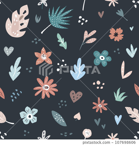 Hand drawn seamless pattern with flowers, leaves Hand drawn seamless pattern with flowers, leaves 107698606