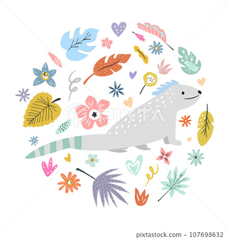 Cute hand drawn iguana character with decoration 107698632