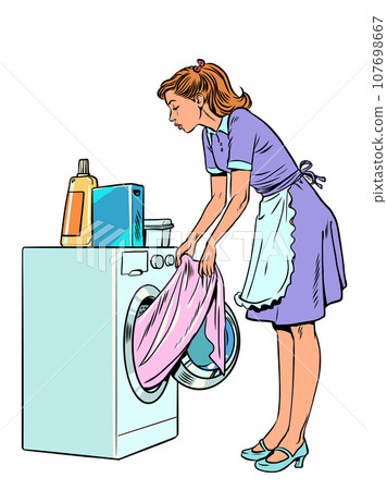 The servants help the owners with the laundry. Responsible housewife takes care of household chores. A girl in uniform pulls clothes out of the washing machine. 107698667