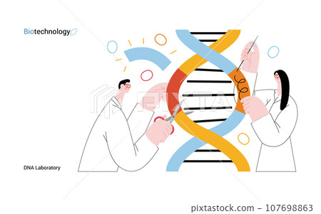 Bio Technology, DNA Laboratory -modern vector concept illustration of scientists dissecting DNA double helix, manipulating and rearranging fragments. Metaphor of advancements in agriculture, medicine Bio Technology, DNA Laboratory -modern vector concept illustration of scientists dissecting DNA double helix, manipulating and rearranging fragments. Metaphor of advancements in agriculture, medicine 107698863