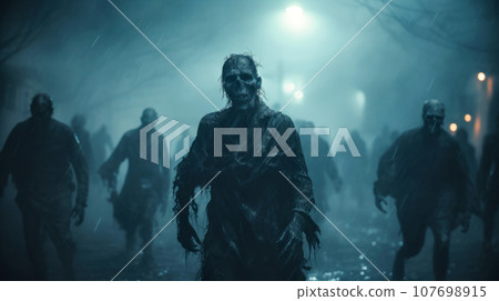 Scary undead walking on street in rain at night, zombie apocalypse theme 107698915