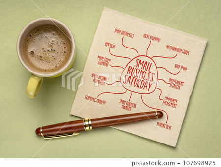 Small Business Saturday - infographics or mind map sketch on a napkin with coffee, fall holidays shopping concept 107698925